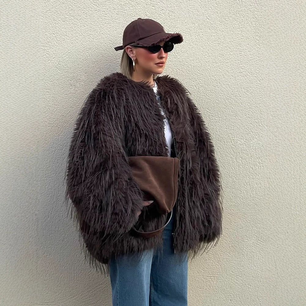 Women Oversize Faux Fur Coat with Long Pile Shag Look and Square Silhouette EVA-US