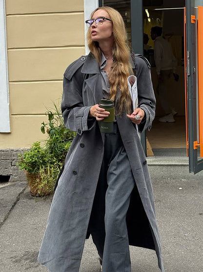Women's Maxi Long Oversized Trench Coat made of soft velour with shoulder patches and double-breasted button placket EVA-US