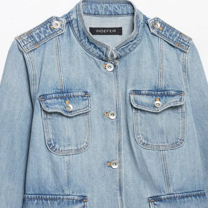 Women's jeans field jacket with stand-up collar, shoulder patches, and four flap pockets EVA-US
