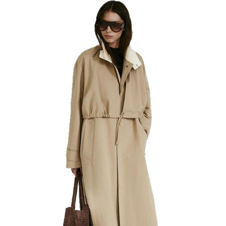 Women's Tailored Coat in Trench Coat Style with Drawstring Waist and Contrast Collar EVA-US