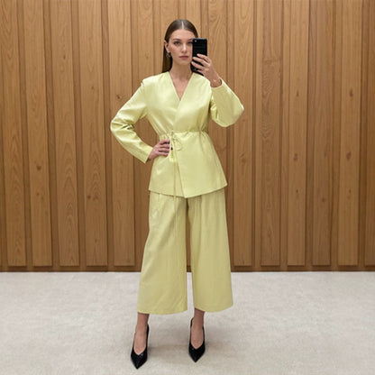 Women's wrap blazer with drawstring and wide culotte pants two-piece EVA-US