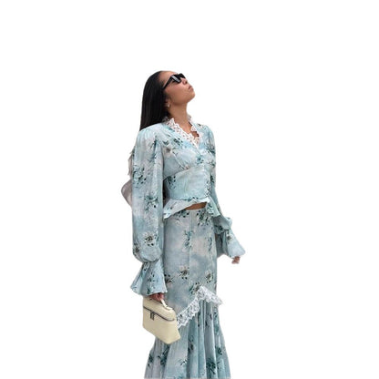 Women's Two-Piece Maxi Dress Set with Corset Top, Ruffled Sleeves and Lace Trim EVA-US