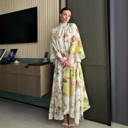 Women Floral Maxi Dress with High Stand Collar and Wide Bell Sleeves EVA-US