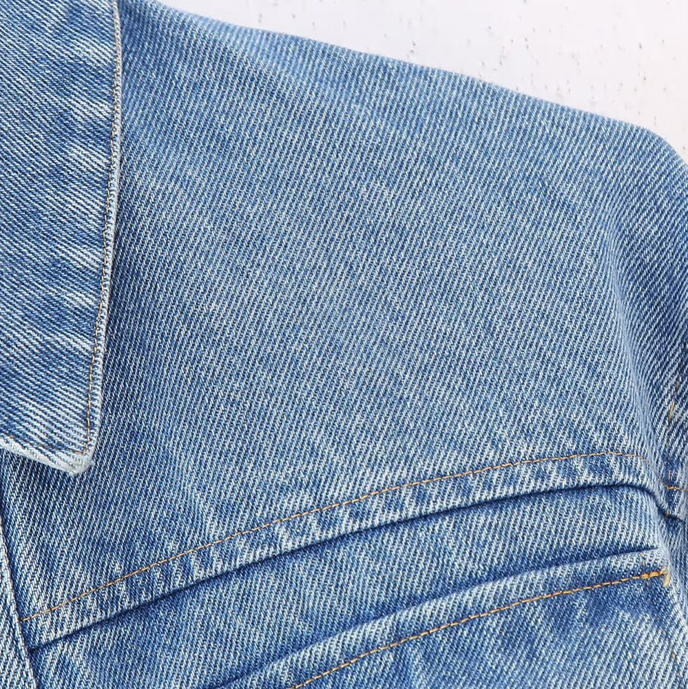 Women's Short Denim Jacket with Metallic Finish and Patch Chest Pockets EVA-US