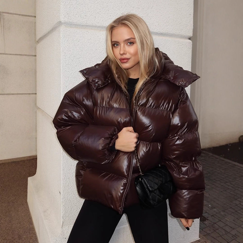 Ladies Oversized Padded Jacket in Patent Look with High Collar and Padded Lining EVA-US
