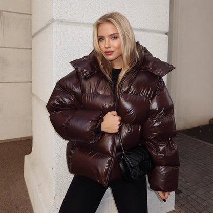Ladies Oversized Padded Jacket in Patent Look with High Collar and Padded Lining EVA-US