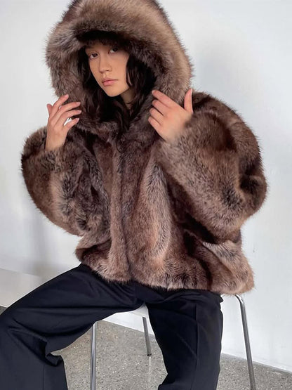 Women's Boxy Faux Fur Hoodie with Voluminous Hood and Loose Silhouette EVA-US
