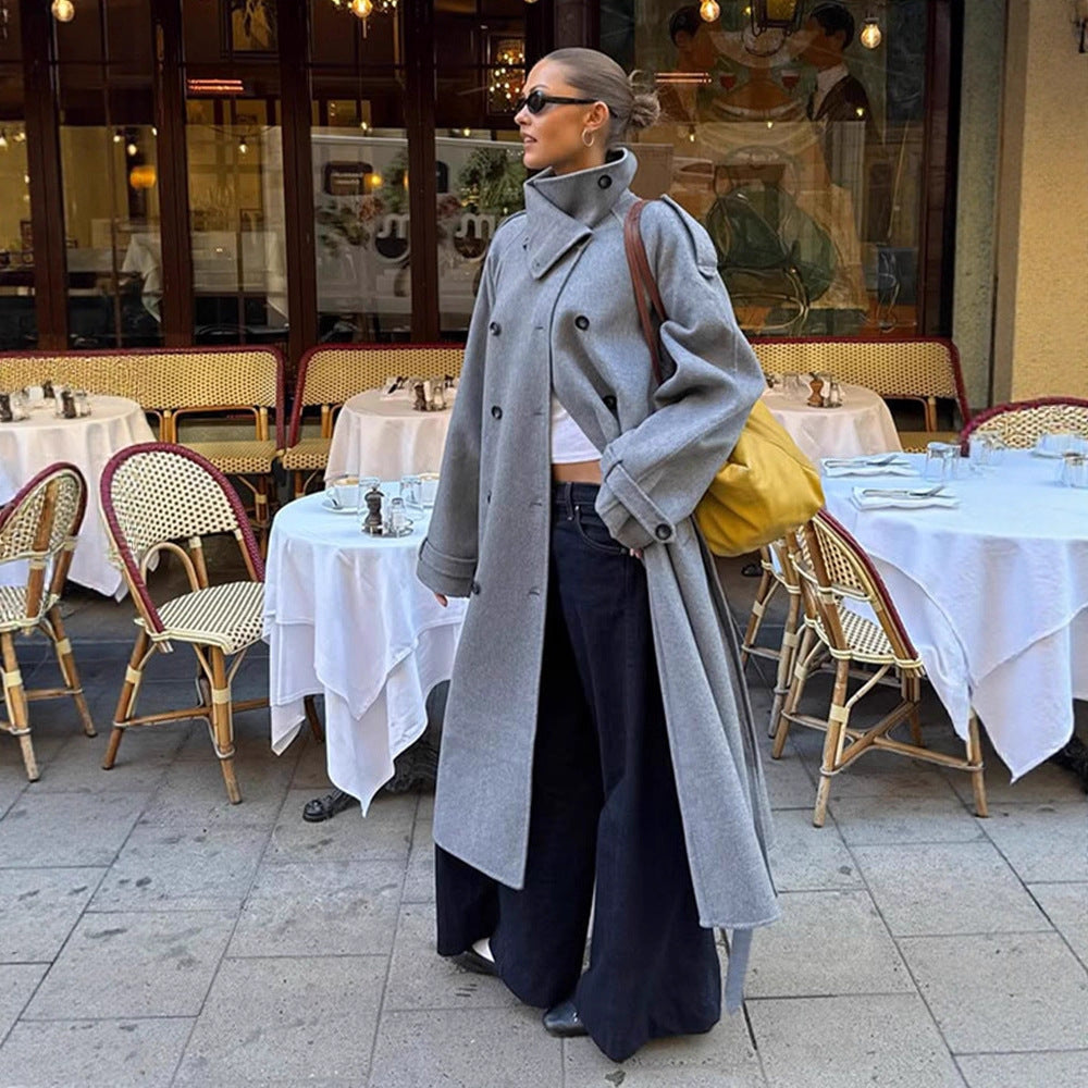 Women Oversize Coat made of Wool Blend with High Standing Collar and Asymmetrical Button Placket EVA-US