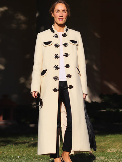 Women's Maxi-Length Tailored Wool Blend Coat with Stand-Up Collar and Decorative Frog Closures EVA-US
