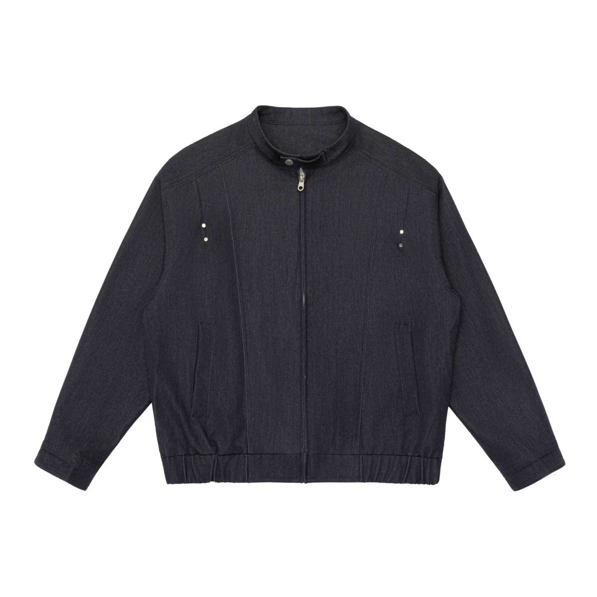 Unisex Short Cut Denim Utility Jacket with Funnel Neck and Drawstring Hem EVA-US