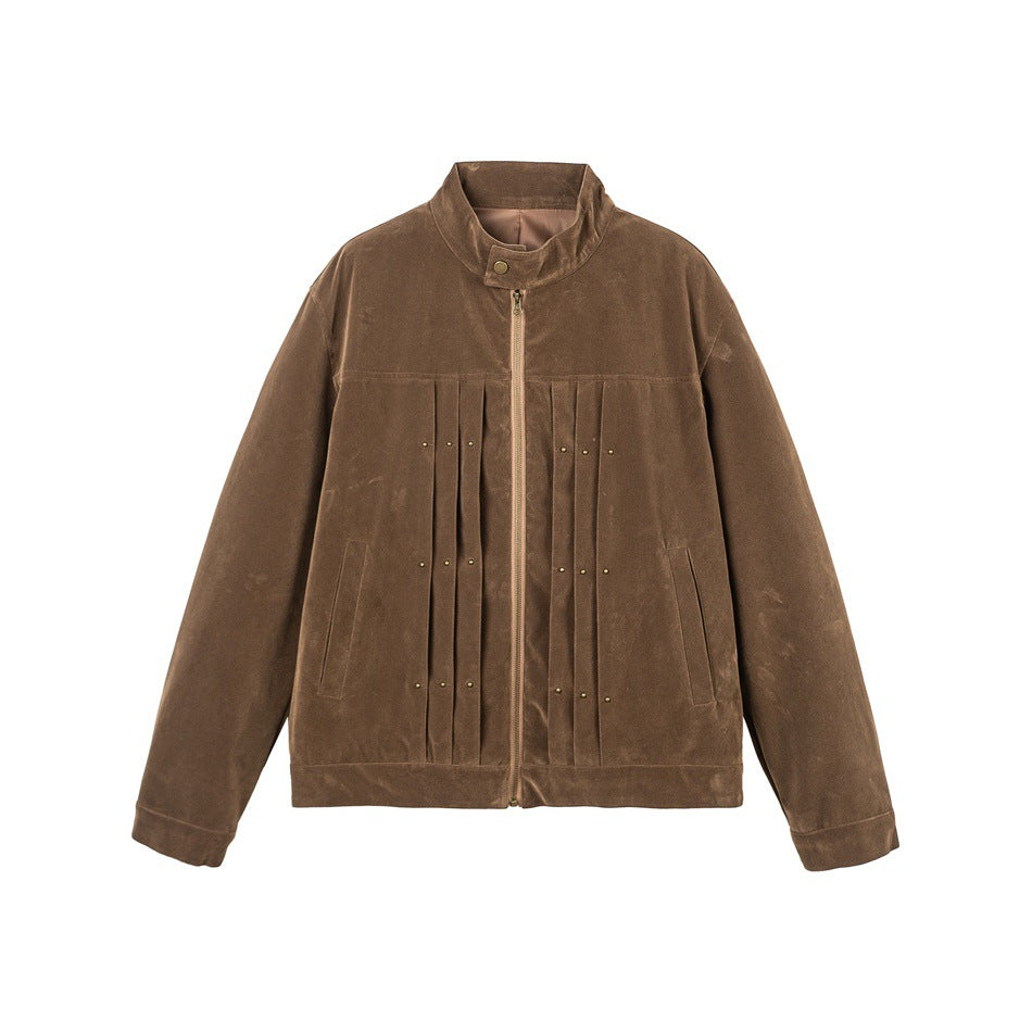 Men's Velour Leather Look Blouson Jacket with Pleated Yoke and Stud Detail EVA-US
