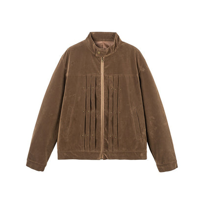 Men's Velour Leather Look Blouson Jacket with Pleated Yoke and Stud Detail EVA-US