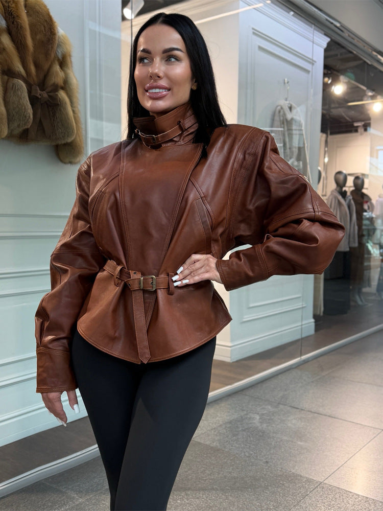 Women Tailored Faux Leather Jacket with Stand Collar, Neck Strap and Figure-Shaping Waist Belt EVA-US