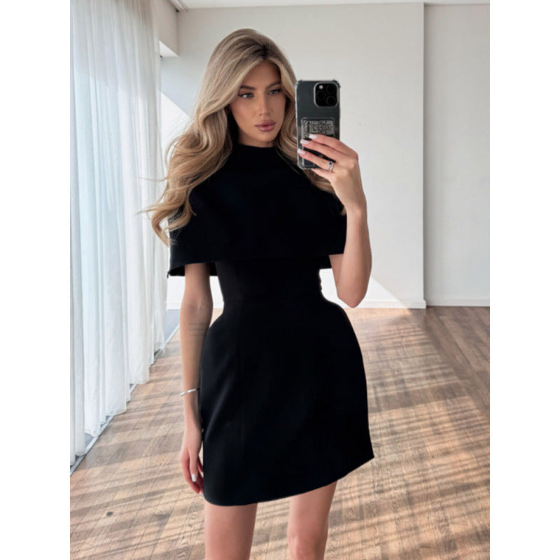 Women's cape mini dress with stand-up collar and tailored corset EVA-US