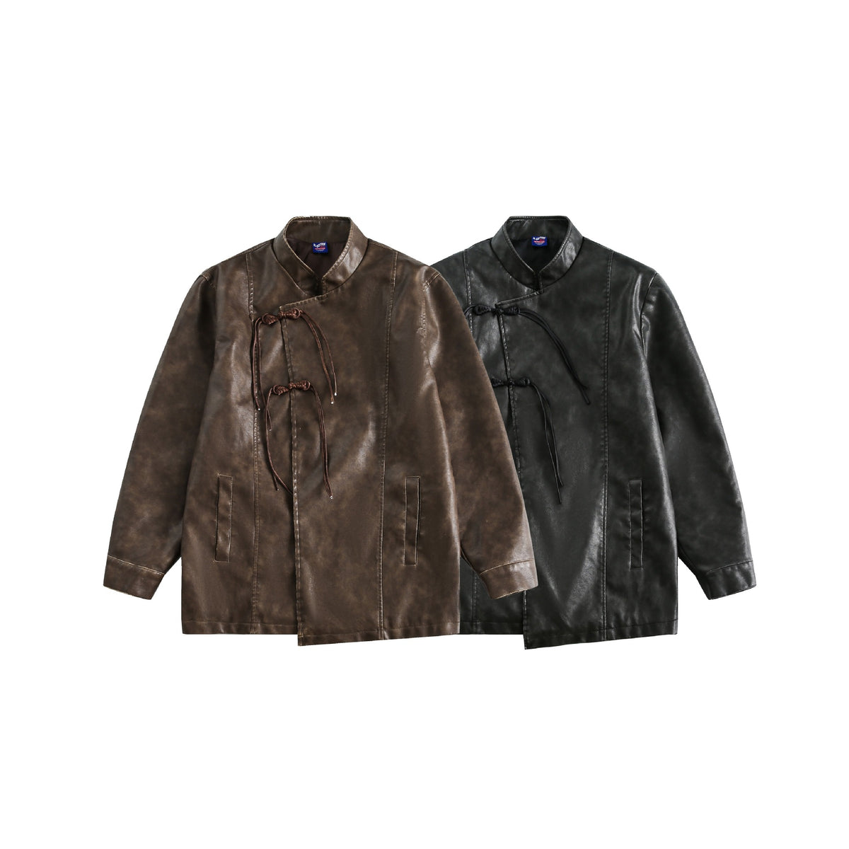 Men's Short Leather Look Coat in Vintage Style with Chinese Knot Closures EVA-US