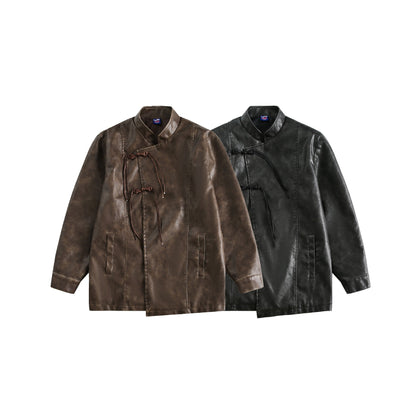 Men's Short Leather Look Coat in Vintage Style with Chinese Knot Closures EVA-US