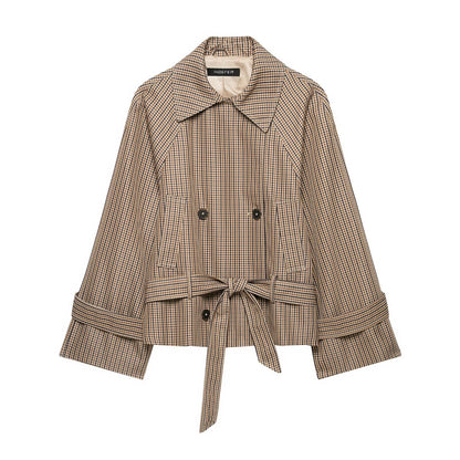 Women's short trench coat in Glencheck with boxy silhouette, tie belt and raglan sleeves EVA-US