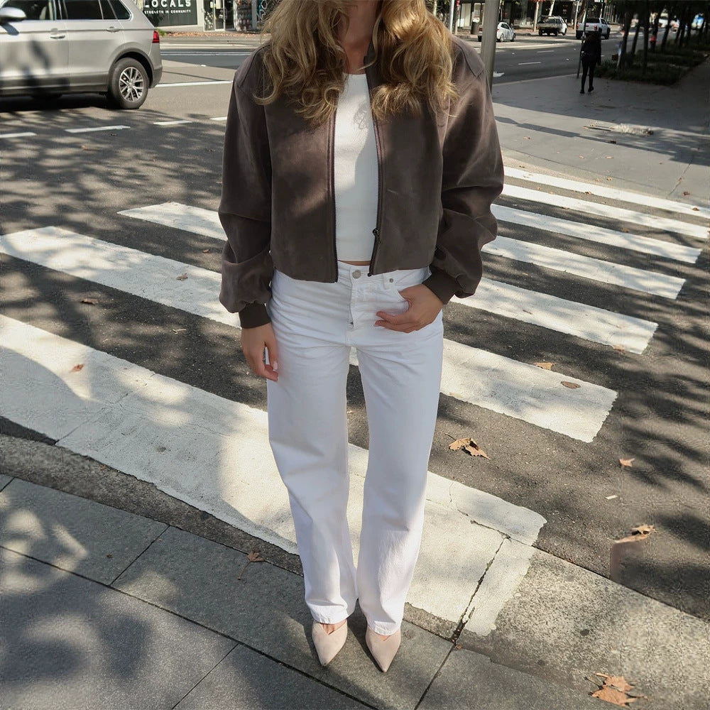 Women's Short Boxy Suede Bomber Jacket with Stand Collar and Ribbed Cuffs EVA-US