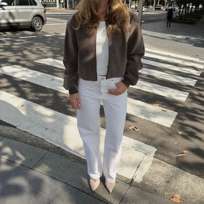 Women's Short Boxy Suede Bomber Jacket with Stand Collar and Ribbed Cuffs EVA-US