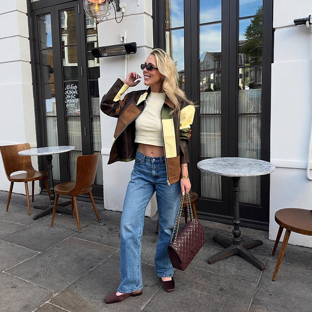 Women Patchwork Leather Jacket with Zipper and Oversize Boxy Cut EVA-US