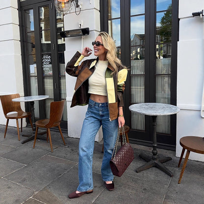 Women Patchwork Leather Jacket with Zipper and Oversize Boxy Cut EVA-US