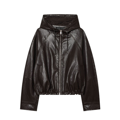 Women's Short Hooded Leather Look Bomber Jacket with Drawstring Hem EVA-US