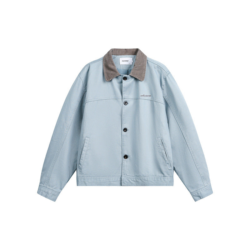 Unisex Short Cut Boxy Denim Jacket with Corduroy Collar and Side Pockets EVA-US