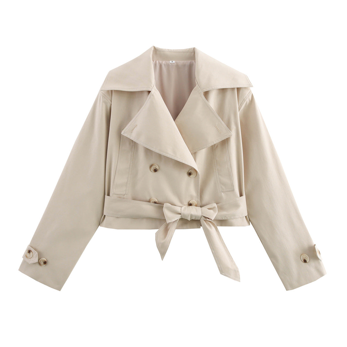 Women Short Cropped Trench Coat with Wide Shawl Collar, Waist Belt to Tie and Decorative Cuffs EVA-US