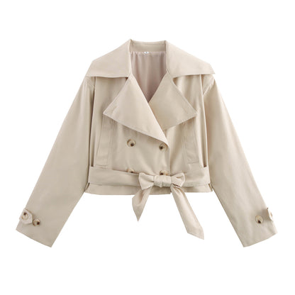 Women Short Cropped Trench Coat with Wide Shawl Collar, Waist Belt to Tie and Decorative Cuffs EVA-US