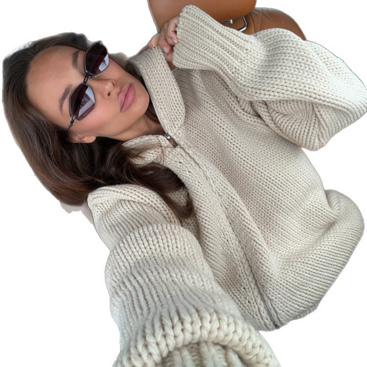 Women's chunky knit zip cardigan with high collar EVA-US