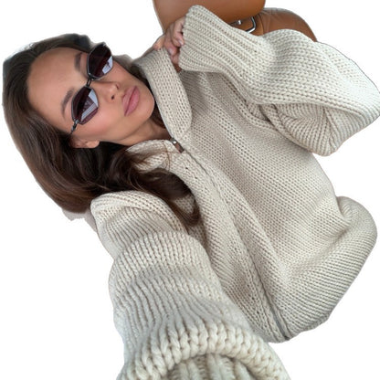 Women's chunky knit zip cardigan with high collar EVA-US