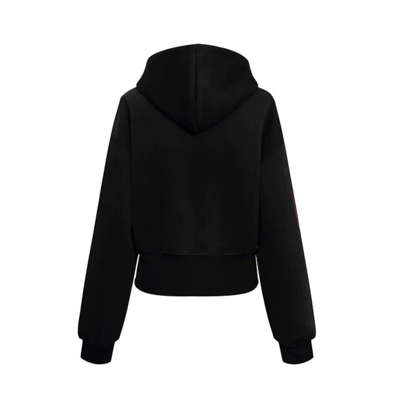 Women's Short-Cut Zip Hoodie made of French Terry with Polka Dot Hood Lining and Emblem Stitch EVA-US