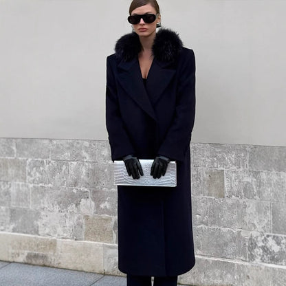 Women's long wool blend coat with generous faux fur shawl collar and oversized cut EVA-US