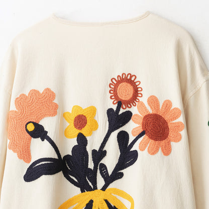 Women's Embroidered Oversized Cotton Jacket with Floral Decor and Button Placket EVA-US