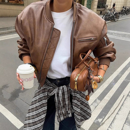 Women's Short Cut Faux Leather Bomber with Ribbed Collar, Zipper & Zip Chest Pocket EVA-US