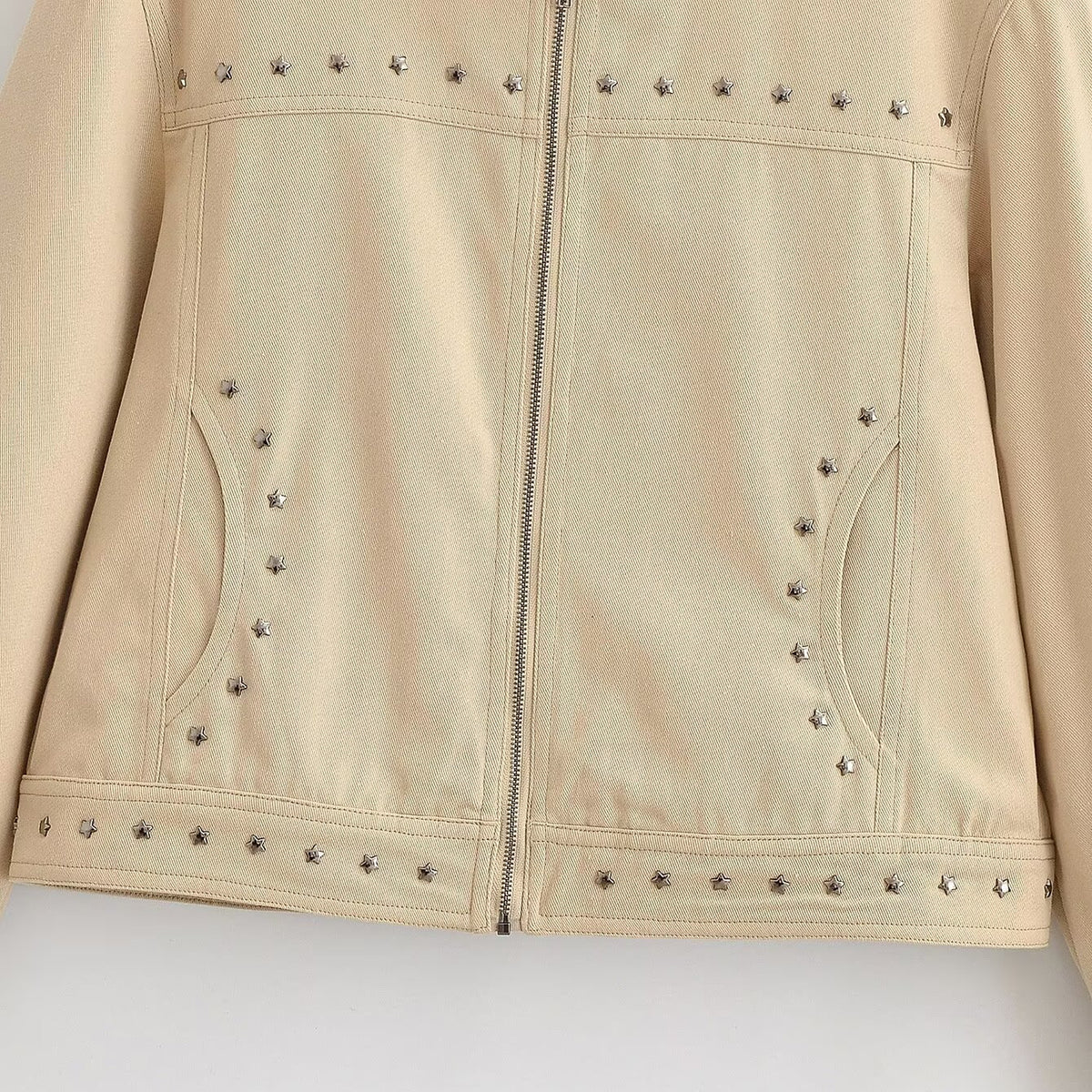 Women’s short-cut vegan leather jacket with stand-up collar, full-length zipper and star stud detail EVA-US
