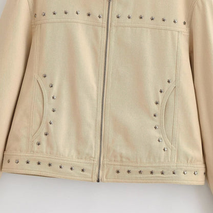 Women’s short-cut vegan leather jacket with stand-up collar, full-length zipper and star stud detail EVA-US