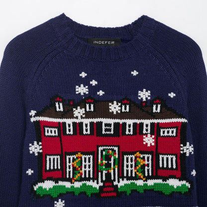 Women Cropped Christmas Sweater with Intarsia House Motif and Round Neckline EVA-US