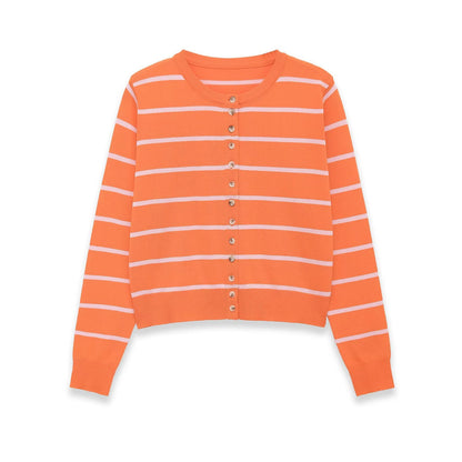 Women's Short-Cut Fine Knit Cardigan with Horizontal Stripes and Mother-of-Pearl Buttons EVA-US