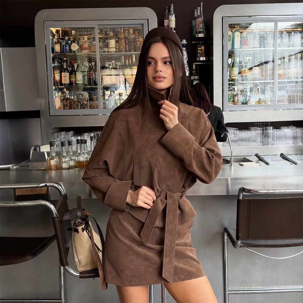 Women's Short Suede Set: Tailored Blouson with Stand Collar & Matching Mini Skirt EVA-US