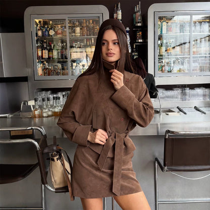 Women's Short Suede Set: Tailored Blouson with Stand Collar & Matching Mini Skirt EVA-US
