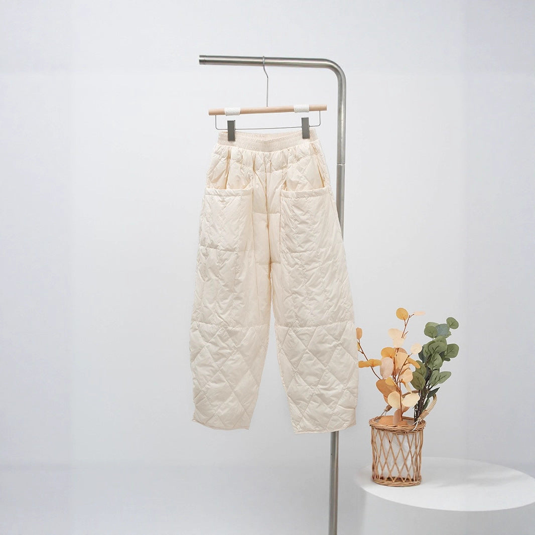 Women's Quilted Oversized Padded Pants with Elastic Waistband and Large Patch Pockets EVA-US