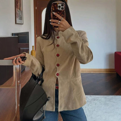 Women Tailored Suede Blazer with Stand Collar and Decorative Buttons EVA-US