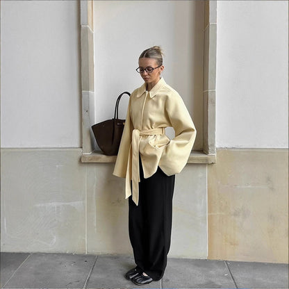 Women's short coat with tie belt, boxy oversized silhouette and wide sleeves EVA-US