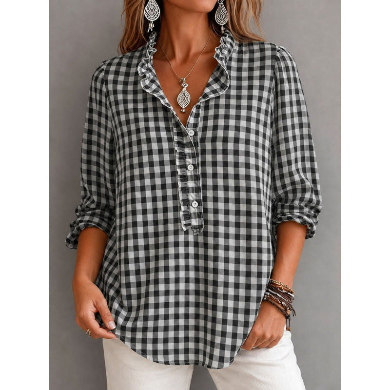 Women's Checkered Blouse Top with Ruffled Collar and Half Button Placket EVA-US