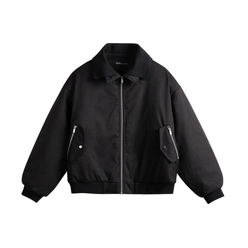 Men's Short Boxy Insulated Field Bomber Jacket with Contrasting Knit Collar and Diagonal Zip Pockets EVA-US