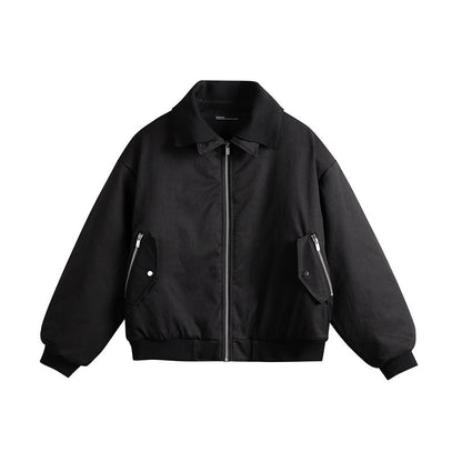 Men's Short Boxy Insulated Field Bomber Jacket with Contrasting Knit Collar and Diagonal Zip Pockets EVA-US