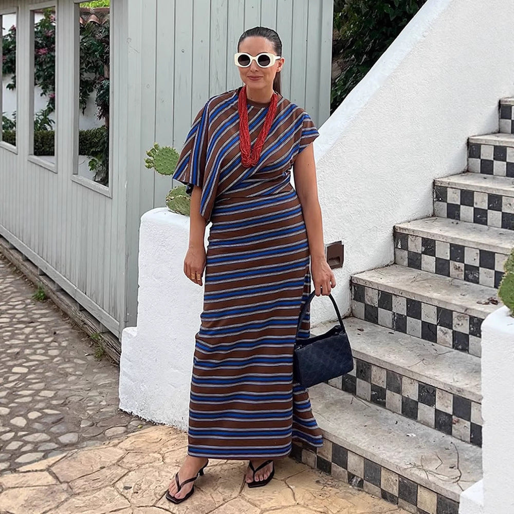 Women Striped Maxi Dress with Asymmetric Cape Sleeves & Tailored Silhouette EVA-US