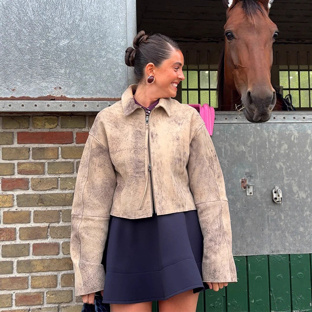 Women's short cut suede jacket in used look with extra long sleeves and two-way zipper EVA-US