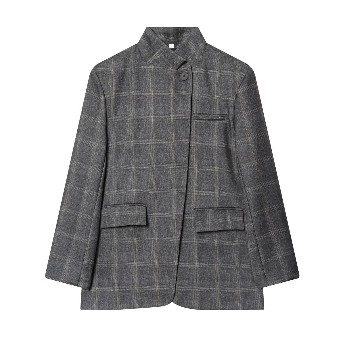 Women Checked Long Blazer with Stand Collar, Concealed Button Placket and Flap Pockets EVA-US